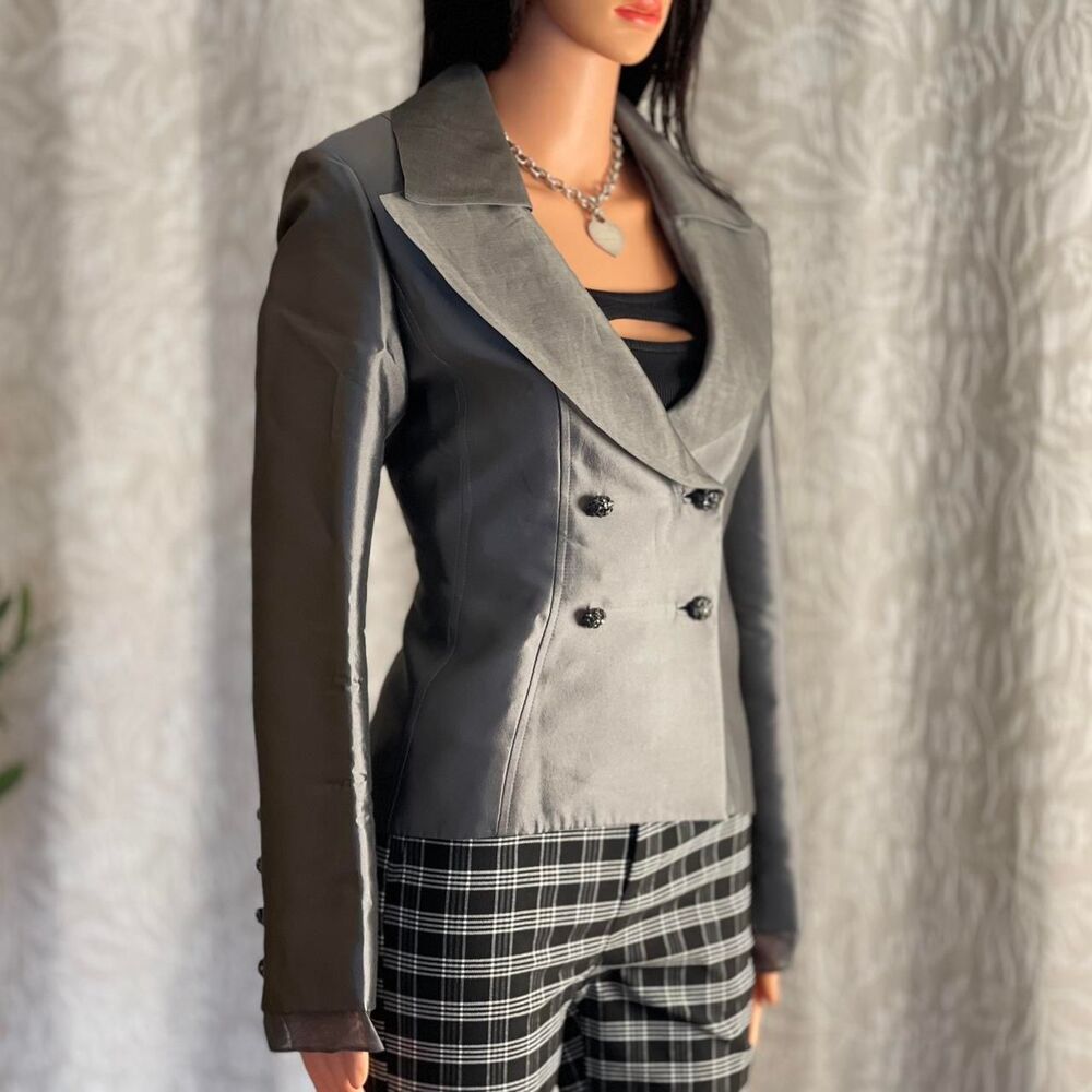 Vtg 90s André Raphael Alta Moda 100% Silk Metallic Gray Fitted Blazer‎ Jacket 8